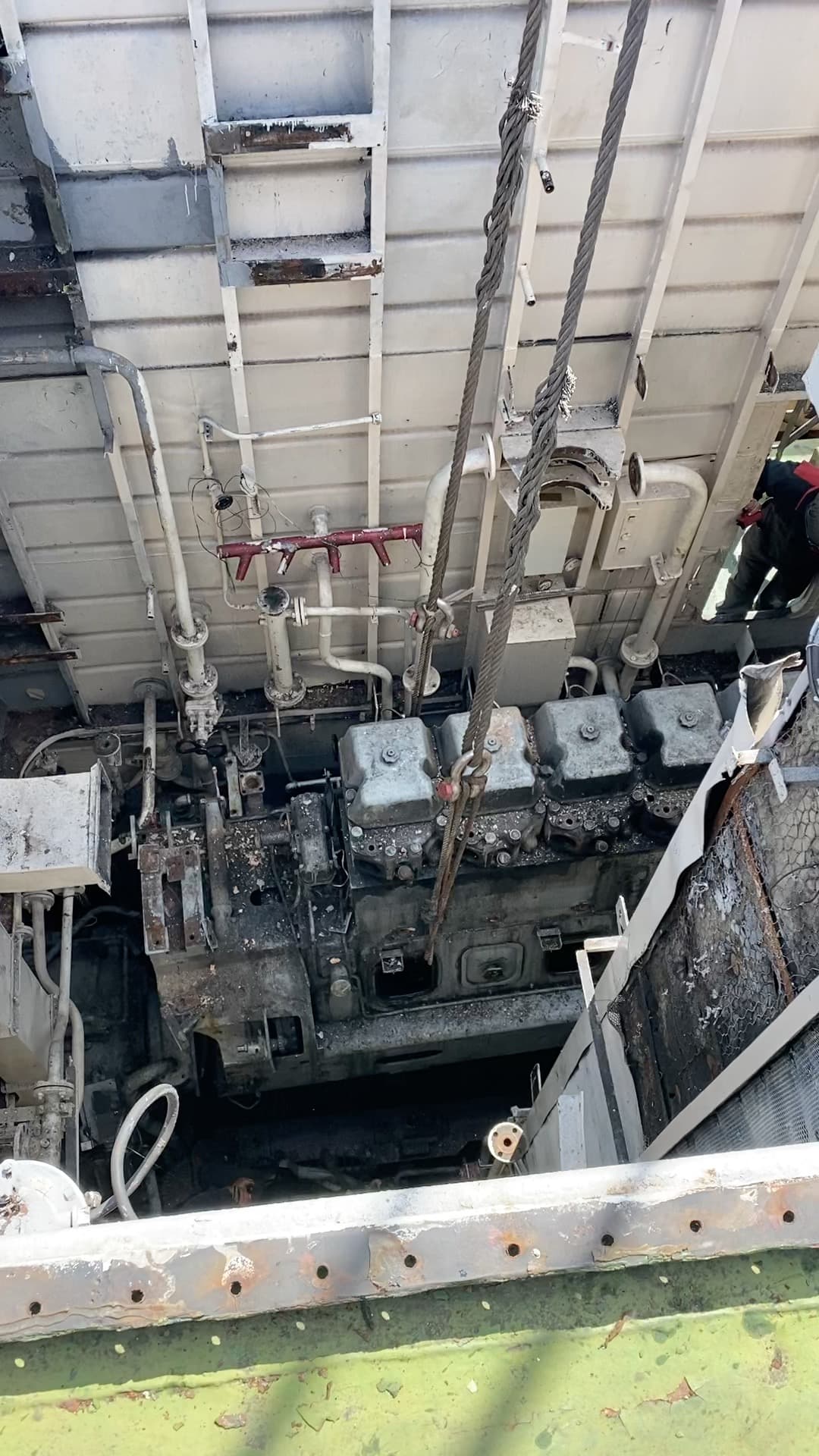 Overhead view of the main engine prepared for removal